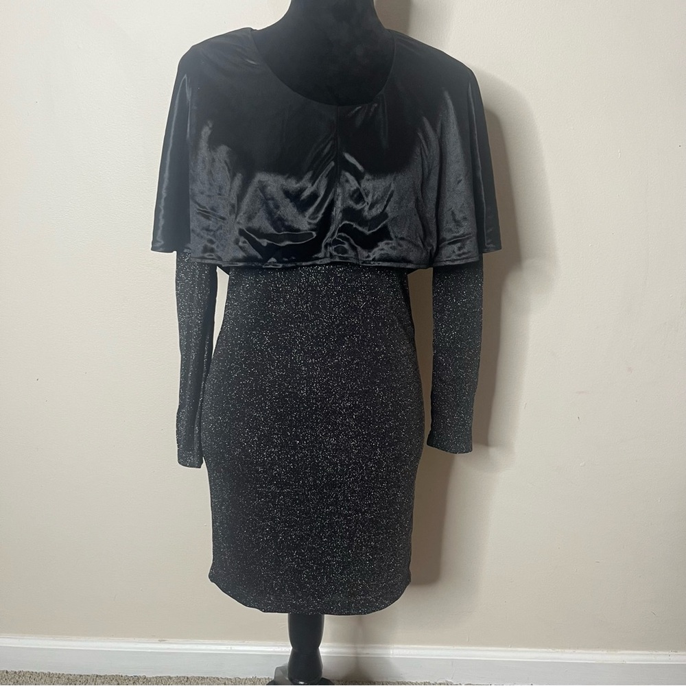 Maison Women’s‎ Black Glitter Satin Shawl//Hood Long Sleeve Stretch Mini Dress L